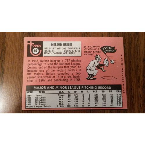 1969 Topps Card # 060 Nelson Briles Good (2) St Louis Cardinals