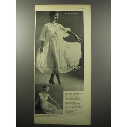 1955 Blue Swan Flower Frappe Lingerie Ad - Holiday gift-ables