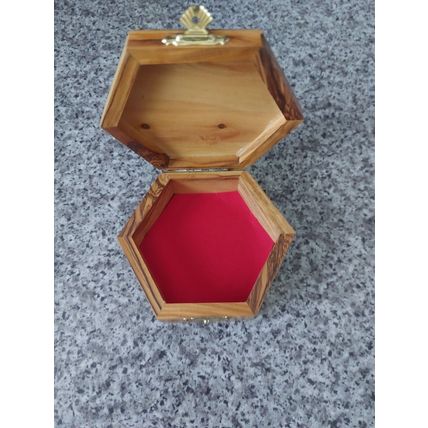 Hexagonal Wooden Jerusalem Trinket / Jewellery Box Approx 9cm Dia, 4 cm Deep
