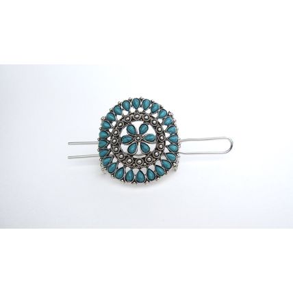 Turquoise blue and silver metal tribal hair slide clip barrette