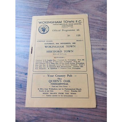 1965/66 Wokingham Town vs Hertford Town, Athenian League 20/11/65 * FREE P&P *