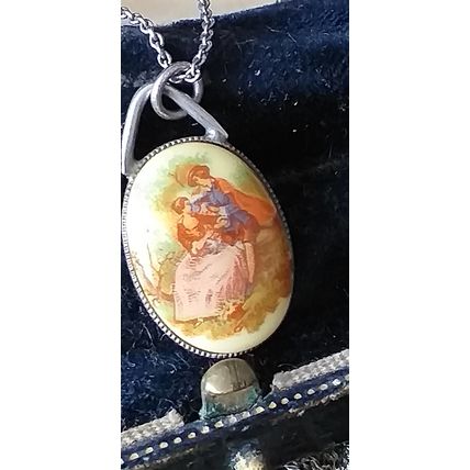 Antique Vintage Late Edwardian Sterling Silver Hand Painted Pendant on Chain.