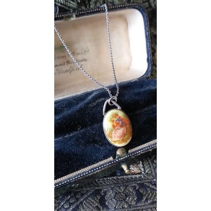 Antique Vintage Late Edwardian Sterling Silver Hand Painted Pendant on Chain.