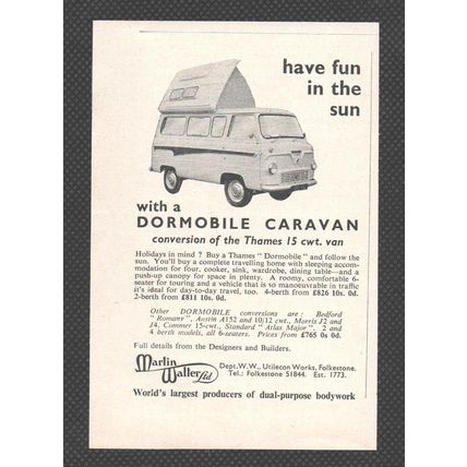 Marlin Walter Ltd Folkestone THAMES DORMOBILE :- Original Vintage 1961 Advert