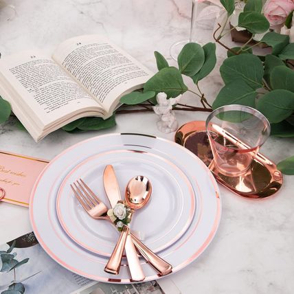 WELLIFE 350 Pieces Rose Gold Plastic Dinnerware, 50 Guests Disposable Plates wit