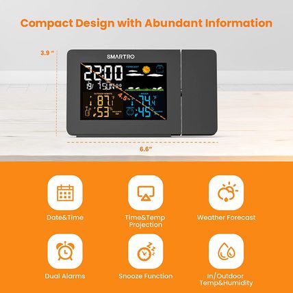 SMARTRO SC91 Projection Alarm Clock for Bedrooms with Weather Station, Wireless