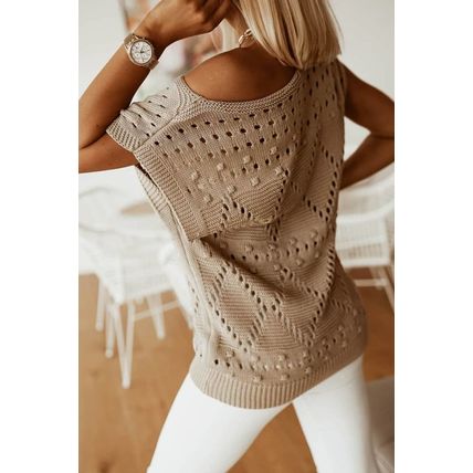 Khaki Pointelle Knit Short Dolman Sleeve Sweater Top