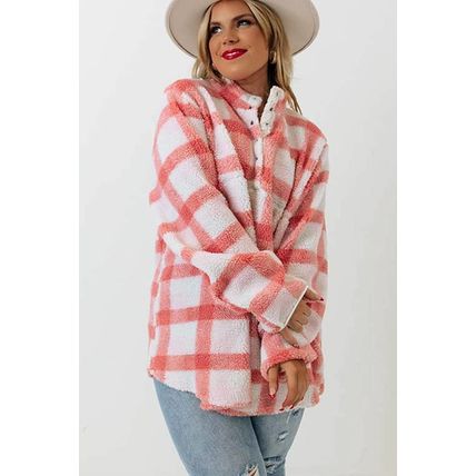 Pink Plus Size Tunic Plaid Sherpa Henley Sweatshirt