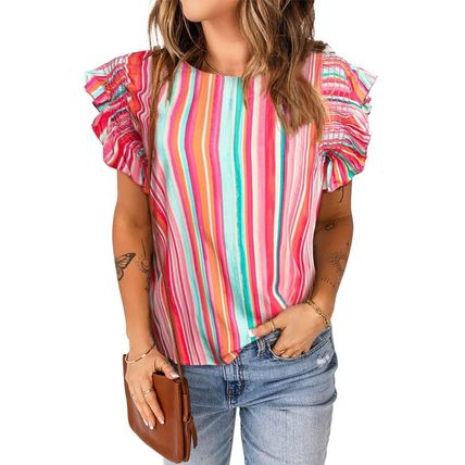 Stripe Abstract Print Stitching Ruffle Sleeve Blouse
