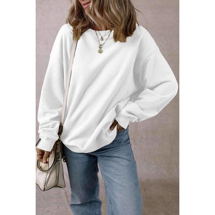 White Solid Fleece Lined Crew Neck Casual Sweatshirt
