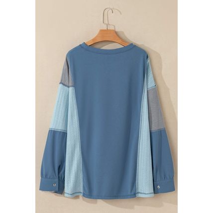 Dusk Blue Colorblock Stitching Patchwork Buttoned Long Sleeve Top