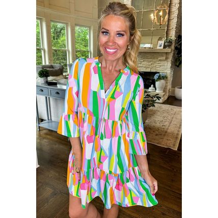 Green Abstract Print Ruffled Sleeve V Neck Dress