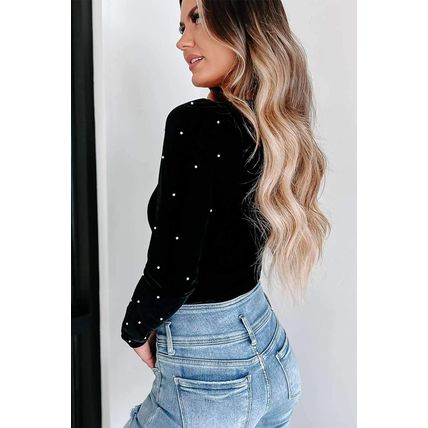 Black Velvet Beaded Long Sleeve V Neck Bodysuit