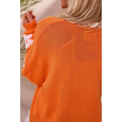 Orange Floral Print Knitted Open Front Loose Cardigan