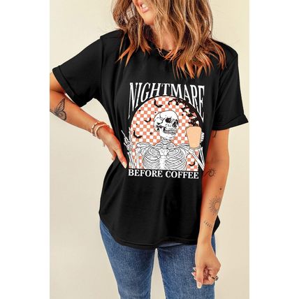 Black Nightmare Before Coffee Skull Checkerboard Graphic Halloween Tee
