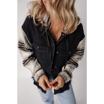 Black Plaid Sleeve Frayed Hem Hooded Denim Jacket