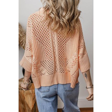 Apricot Pink Hollowed Knit 3/4 Dolman Sleeve Buttoned Collared Sweater