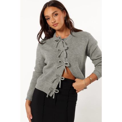 Philippine Gray Ribbed Knit Bow Front Buttoned Cardigan