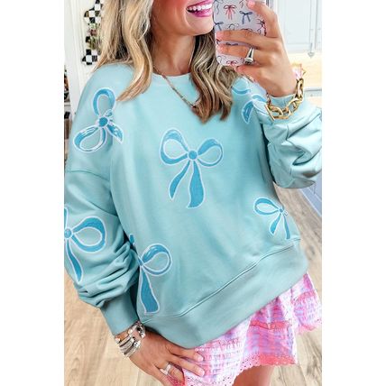 Beau Blue Sequined Bowknot Drop Shoulder Oversized Sweatshirt