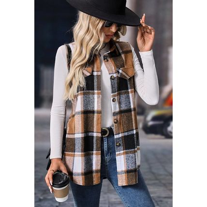 Straw Yellow Retro Plaid Button up Collared Vest