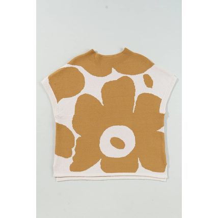 Camel Big Flower Pattern Stand Neck Short Sleeve Sweater