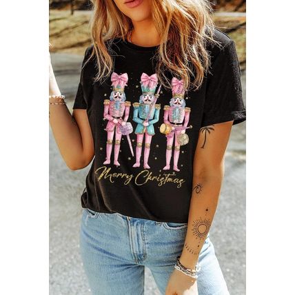 Black Nutcracker Merry Christmas Printed Crewneck T Shirt