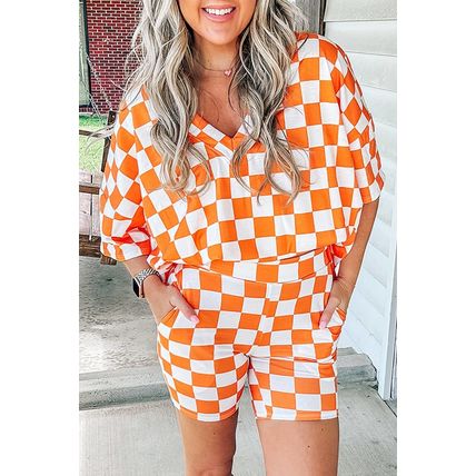 Orange Checkerboard Print V Neck Loose Tee and Shorts Lounge Set