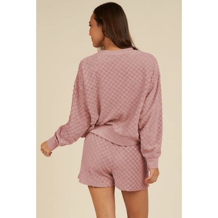Blossom Checkered Textured Long Sleeve Top and Shorts Set