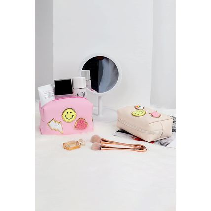 Pink Smiley Face Chenille Patched PU Zipper Makeup Bag