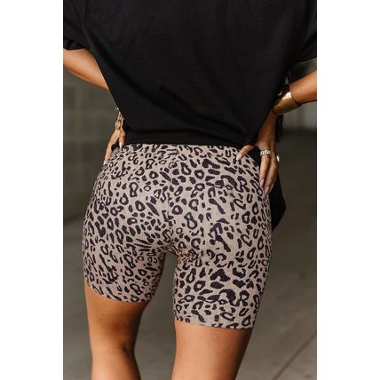 Khaki Leopard Print Ribbed Textured Knit Biker Shorts
