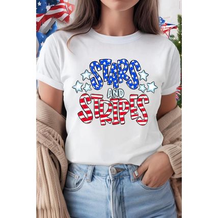 White Stars and Stripes Round Neck Graphic T Shirt