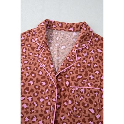 Brown Leopard Print Short Sleeve Shirt and Pants Pajamas Set