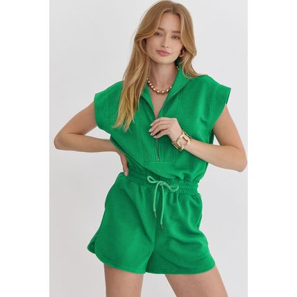 Bright Green Textured Short Sleeve Half Zip Drawstring Waist Romper
