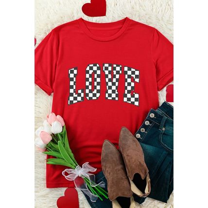 Red Checkered LOVE Letter Graphic Valentines T Shirt