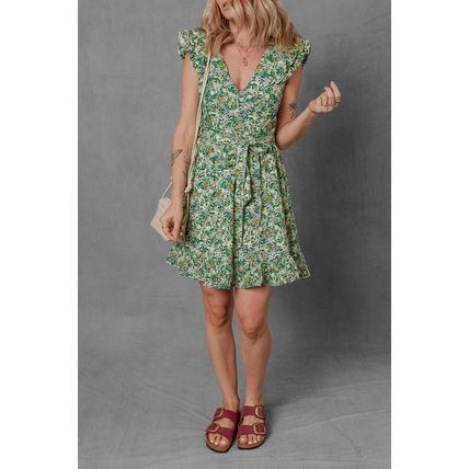 Green Flower Print Flutter Sleeve V Neck Sashed Ruffled Mini Dress