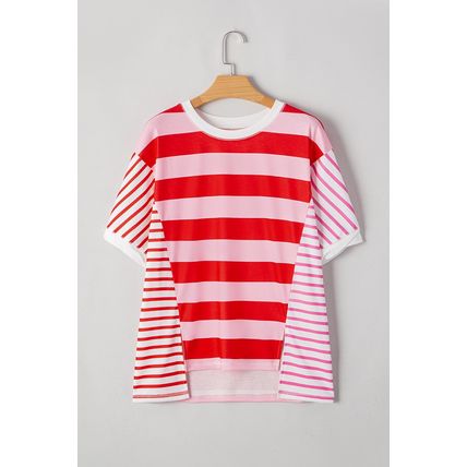 Pink Stripe Patchwork Round Neck Side Split Loose T Shirt