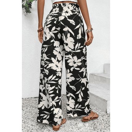 Black Floral Print Smocked High Waist Wide Leg Pants
