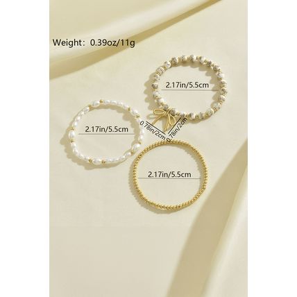 Gold Bow Knot Charm Beaded Triple Layer Bracelet Set