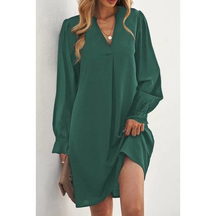 Green Split V Neck Ruffled Sleeves Shirt Dress