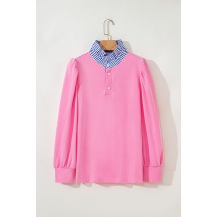 Bonbon Button Striped Collar Patchwork Puff Sleeve Sweatshirt