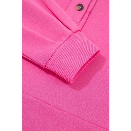 Bright Pink Raw Edge Half Buttons Pullover and Jogger Pants Set