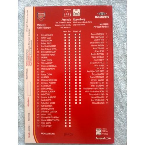 Arsenal v Rosenborg Football Programme UEFA Champions League 07/12/2004