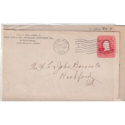 United States 1903 Willard Storage Battery Co.Cleveland O-Rackford On Piece VGC