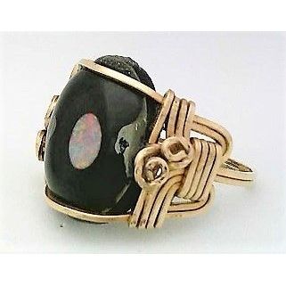 Black Onyx Opal Gold Wire Wrap Gemstone Ring sz 6