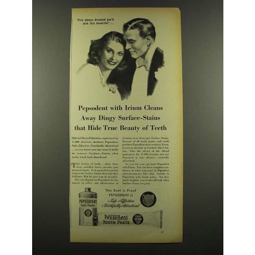 1940 Pepsodent Tooth Paste Ad - Irium Cleans Dingy