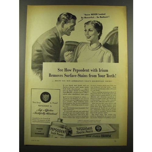 1940 Pepsodent Tooth Paste Ad - Irium Removes Stains