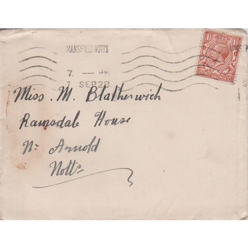 GB 1928 cover Mansfield to Arnold nice 1.5d brown stamp see rest