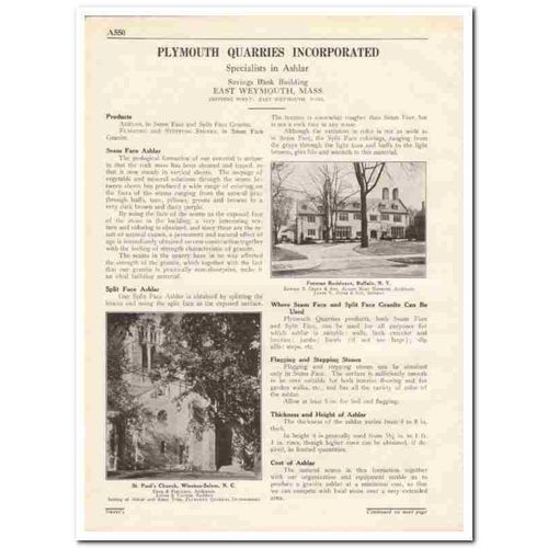 PLYMOUTH QUARRIES INC 1931 seam face ashlar granite vintage catalog