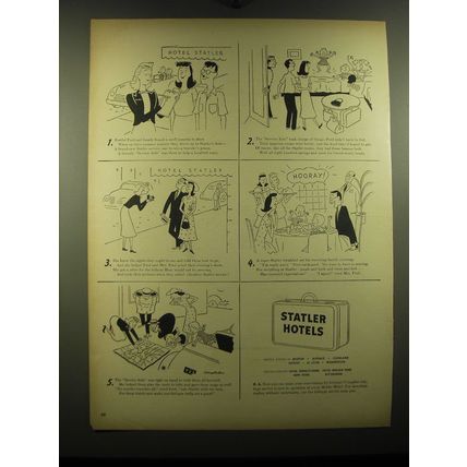 1948 Statler Hotels Ad - cartoon by Tony Barlow - Fretful Fred and family