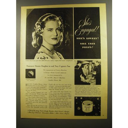 1945 Pond's Cold Cream Ad - She's engaged! She's lovely! She uses Pond's!